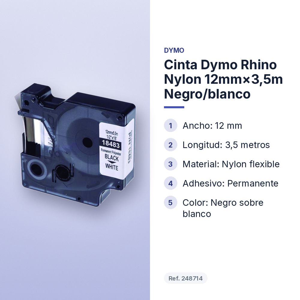 CINTA DYMO RHINO NYLON 12MM×3,5M NEGRO/BLANCO - características principales