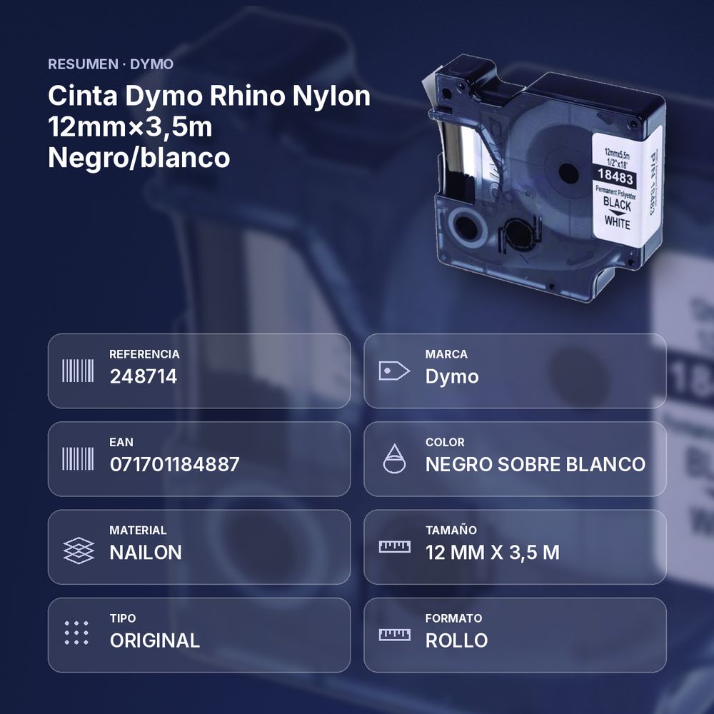 CINTA DYMO RHINO NYLON 12MM×3,5M NEGRO/BLANCO - resumen de atributos