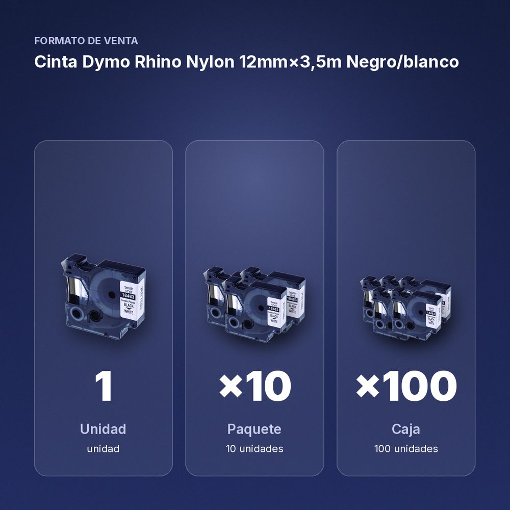 CINTA DYMO RHINO NYLON 12MM×3,5M NEGRO/BLANCO - formato de venta: paquete de 10, caja de 100