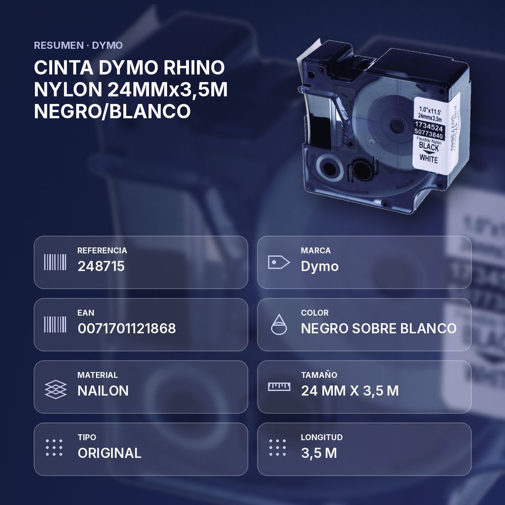 CINTA DYMO RHINO NYLON 24MMx3,5M NEGRO/BLANCO - resumen de atributos
