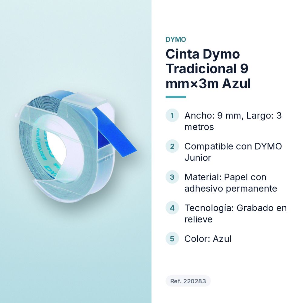 CINTA DYMO TRADICIONAL 9 MM×3M AZUL - características principales