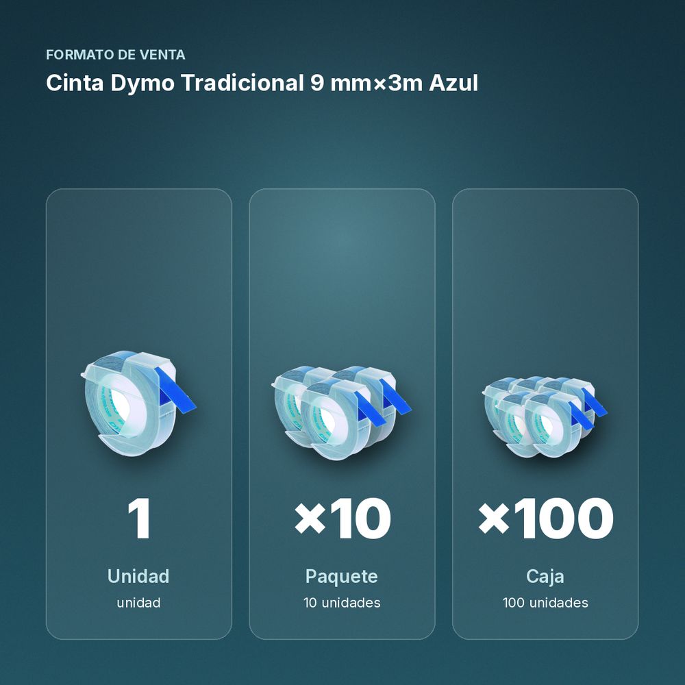 CINTA DYMO TRADICIONAL 9 MM×3M AZUL - formato de venta: paquete de 10, caja de 100