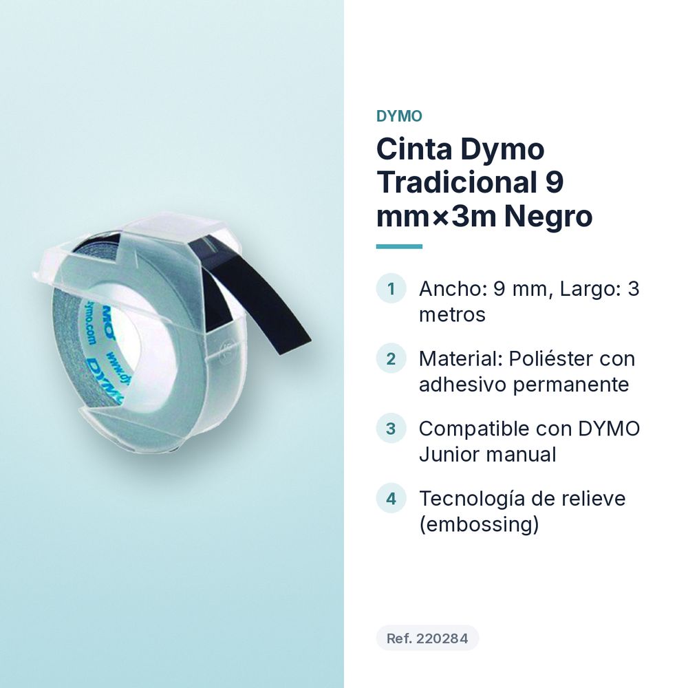 CINTA DYMO TRADICIONAL 9 MM×3M NEGRO - características principales