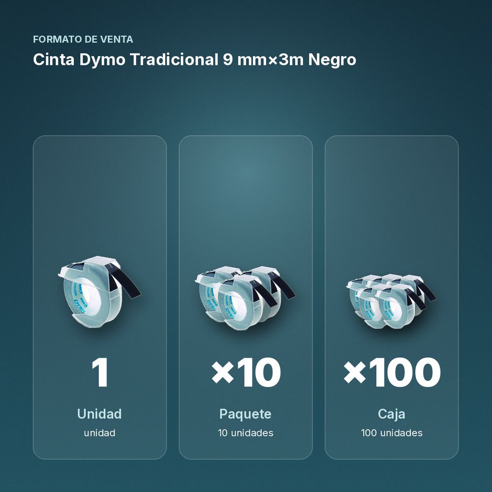 CINTA DYMO TRADICIONAL 9 MM×3M NEGRO - formato de venta: paquete de 10, caja de 100