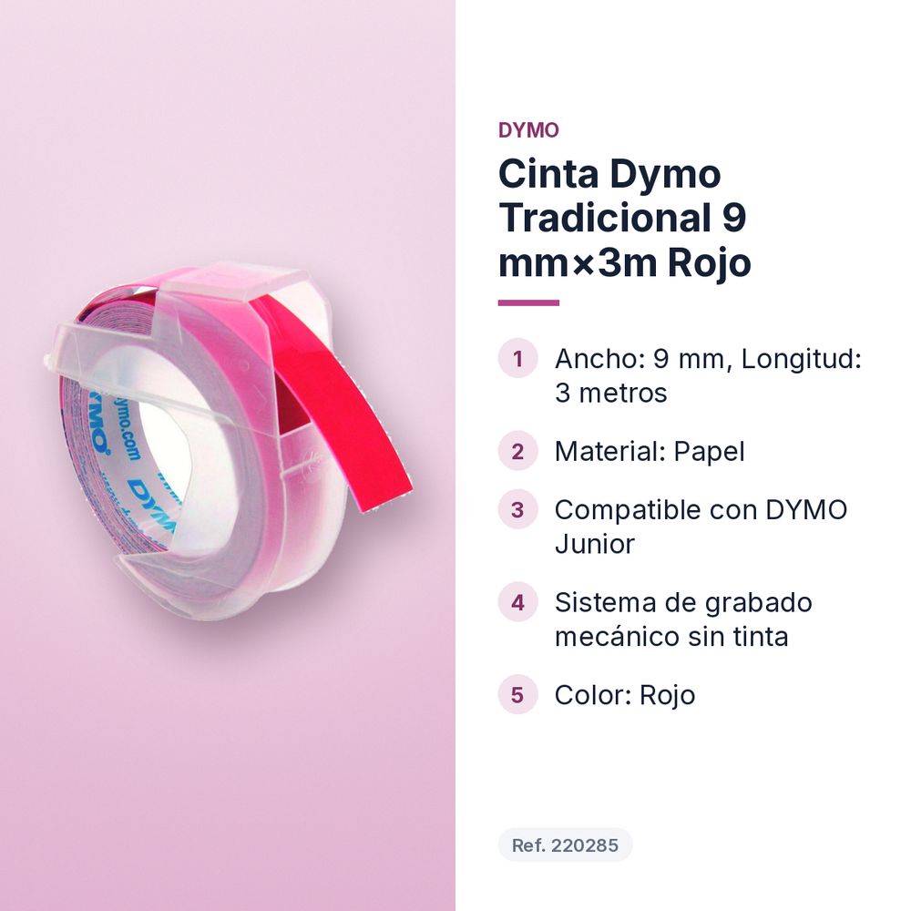 CINTA DYMO TRADICIONAL 9 MM×3M ROJO - características principales