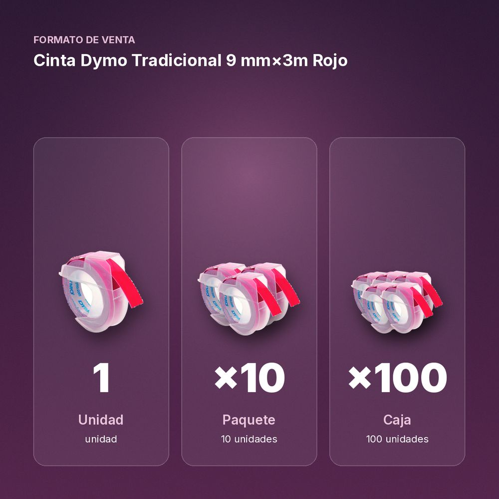 CINTA DYMO TRADICIONAL 9 MM×3M ROJO - formato de venta: paquete de 10, caja de 100