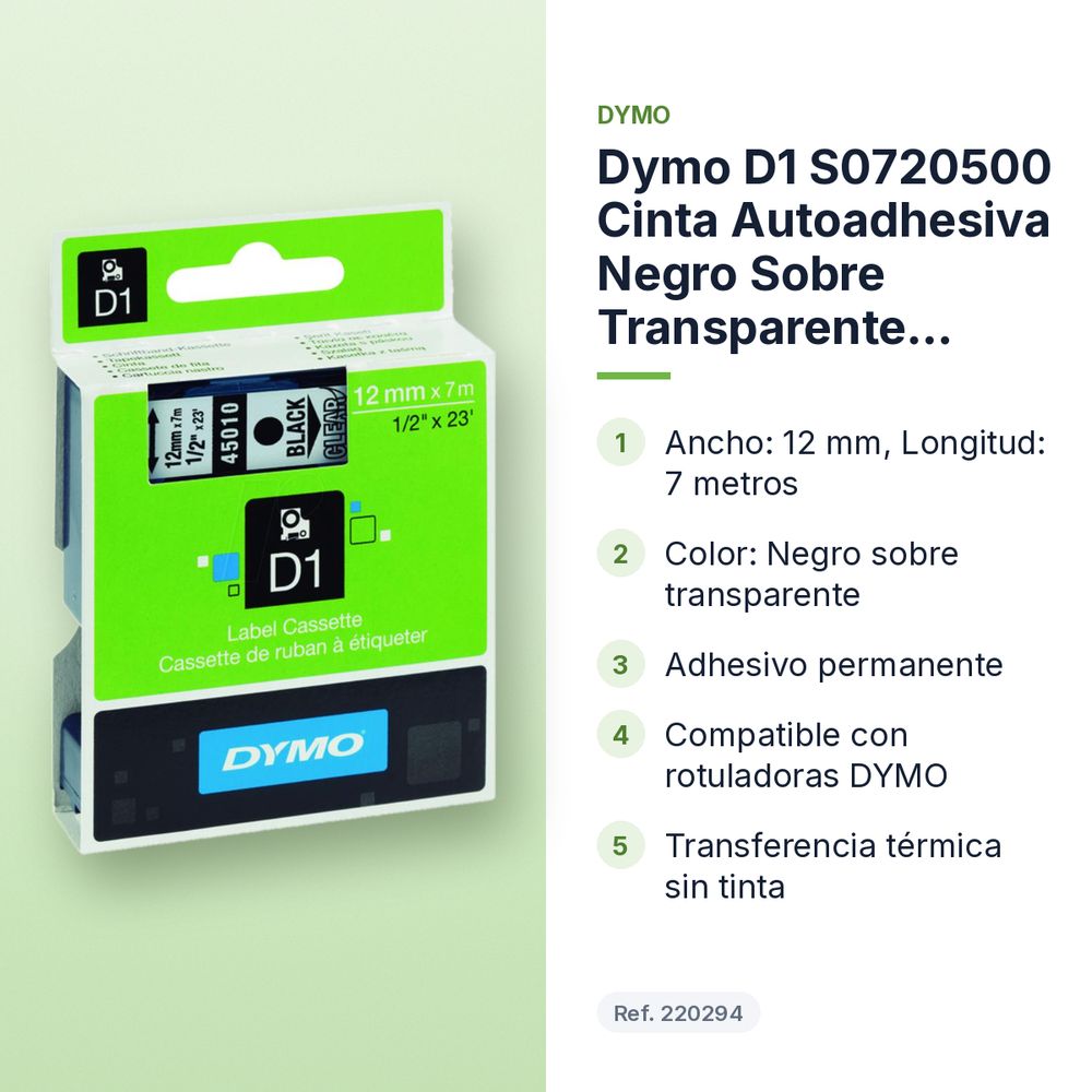 DYMO D1 S0720500 CINTA AUTOADHESIVA NEGRO SOBRE TRANSPARENTE 12MM×7M  - características principales