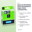 DYMO D1 S0720500 CINTA AUTOADHESIVA NEGRO SOBRE TRANSPARENTE 12MM×7M  - características principales