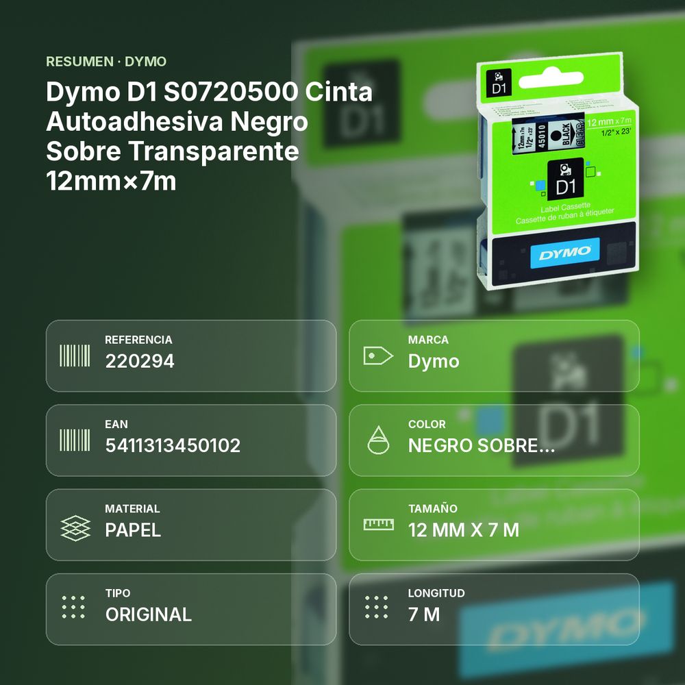 DYMO D1 S0720500 CINTA AUTOADHESIVA NEGRO SOBRE TRANSPARENTE 12MM×7M  - resumen de atributos