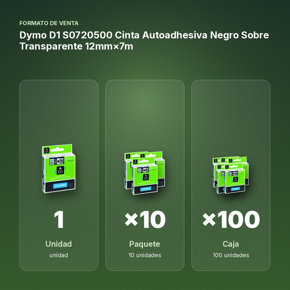 DYMO D1 S0720500 CINTA AUTOADHESIVA NEGRO SOBRE TRANSPARENTE 12MM×7M  - formato de venta: paquete de 10, caja de 100