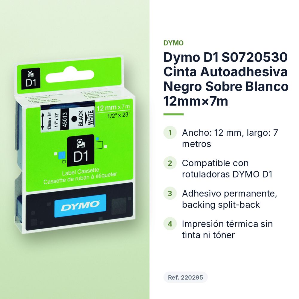 DYMO D1 S0720530 CINTA AUTOADHESIVA NEGRO SOBRE BLANCO 12MM×7M  - características principales