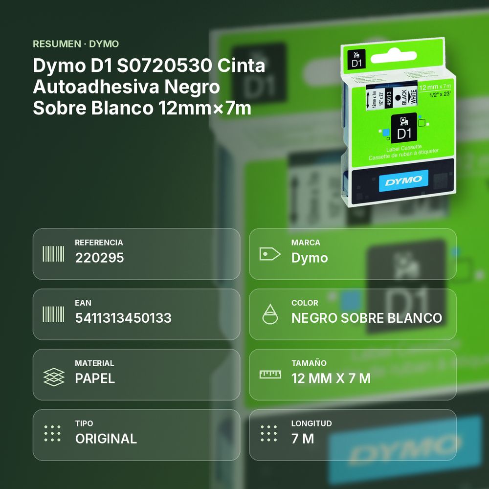 DYMO D1 S0720530 CINTA AUTOADHESIVA NEGRO SOBRE BLANCO 12MM×7M  - resumen de atributos