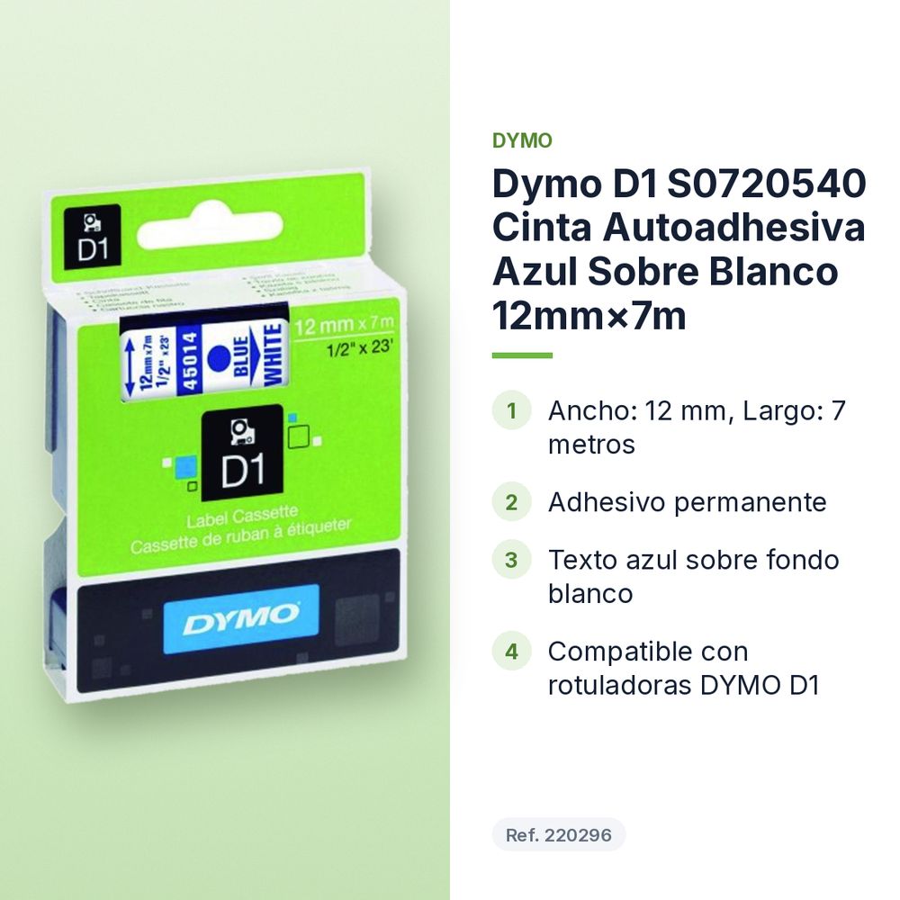 DYMO D1 S0720540 CINTA AUTOADHESIVA AZUL SOBRE BLANCO 12MM×7M - características principales