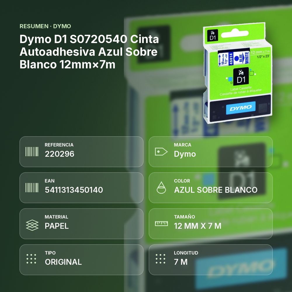DYMO D1 S0720540 CINTA AUTOADHESIVA AZUL SOBRE BLANCO 12MM×7M - resumen de atributos
