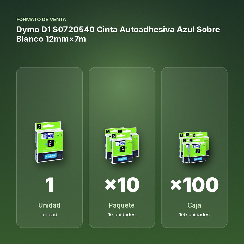 DYMO D1 S0720540 CINTA AUTOADHESIVA AZUL SOBRE BLANCO 12MM×7M - formato de venta: paquete de 10, caja de 100