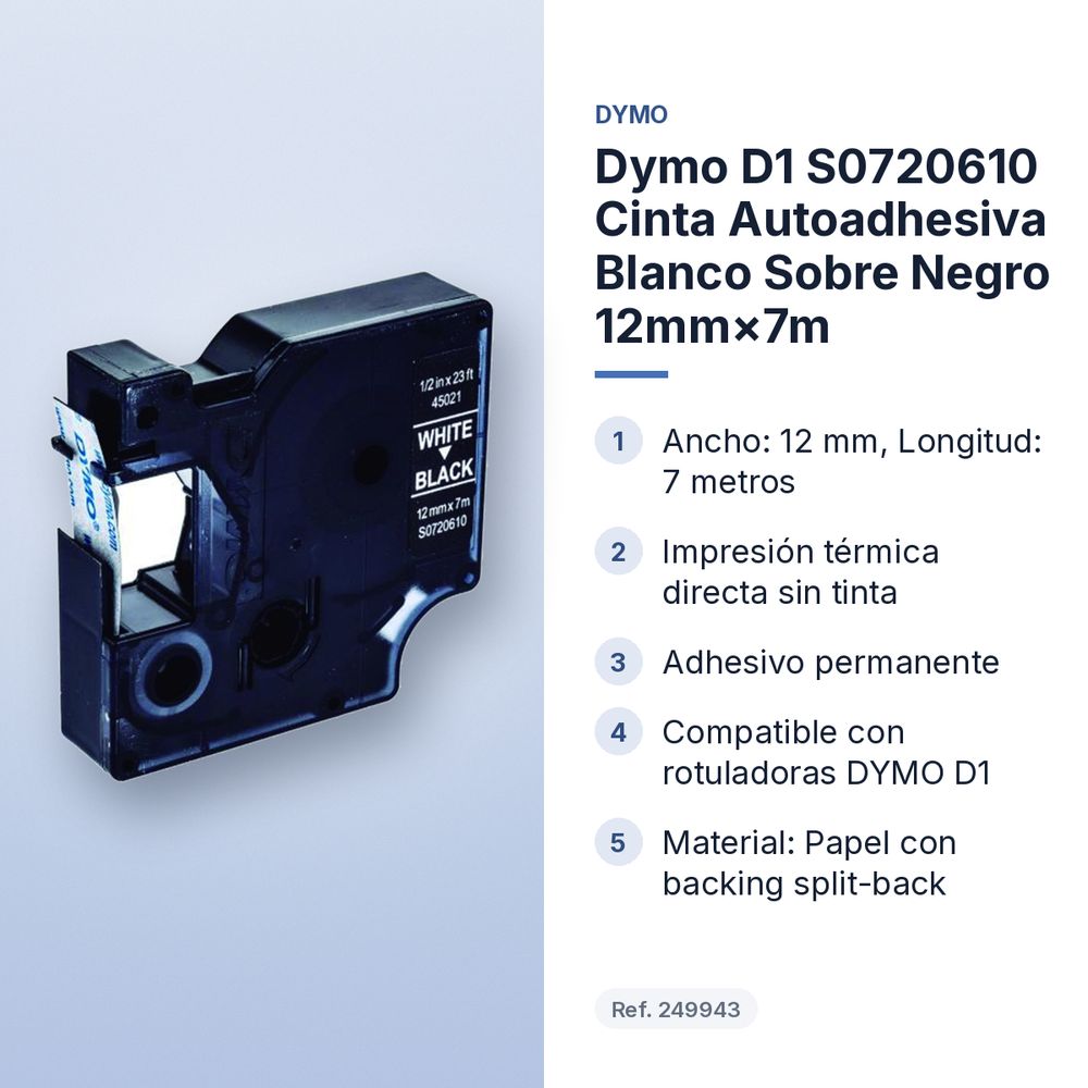 DYMO D1 S0720610 CINTA AUTOADHESIVA BLANCO SOBRE NEGRO 12MM×7M  - características principales
