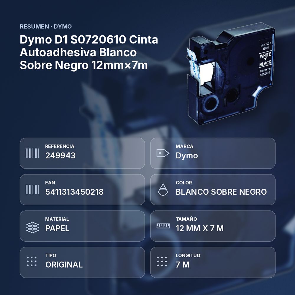 DYMO D1 S0720610 CINTA AUTOADHESIVA BLANCO SOBRE NEGRO 12MM×7M  - resumen de atributos