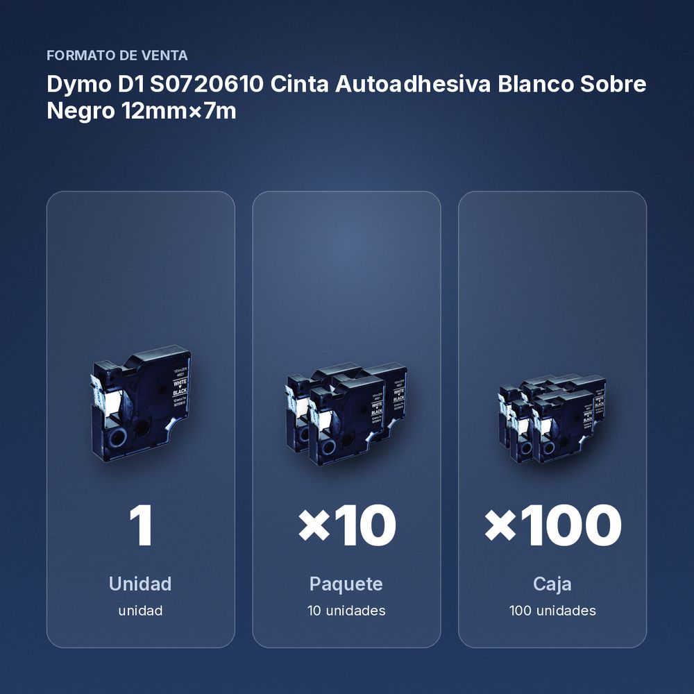 DYMO D1 S0720610 CINTA AUTOADHESIVA BLANCO SOBRE NEGRO 12MM×7M  - formato de venta: paquete de 10, caja de 100