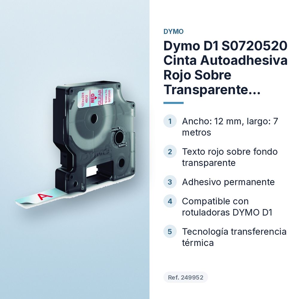 DYMO D1 S0720520 CINTA AUTOADHESIVA ROJO SOBRE TRANSPARENTE 12MM×7M - características principales