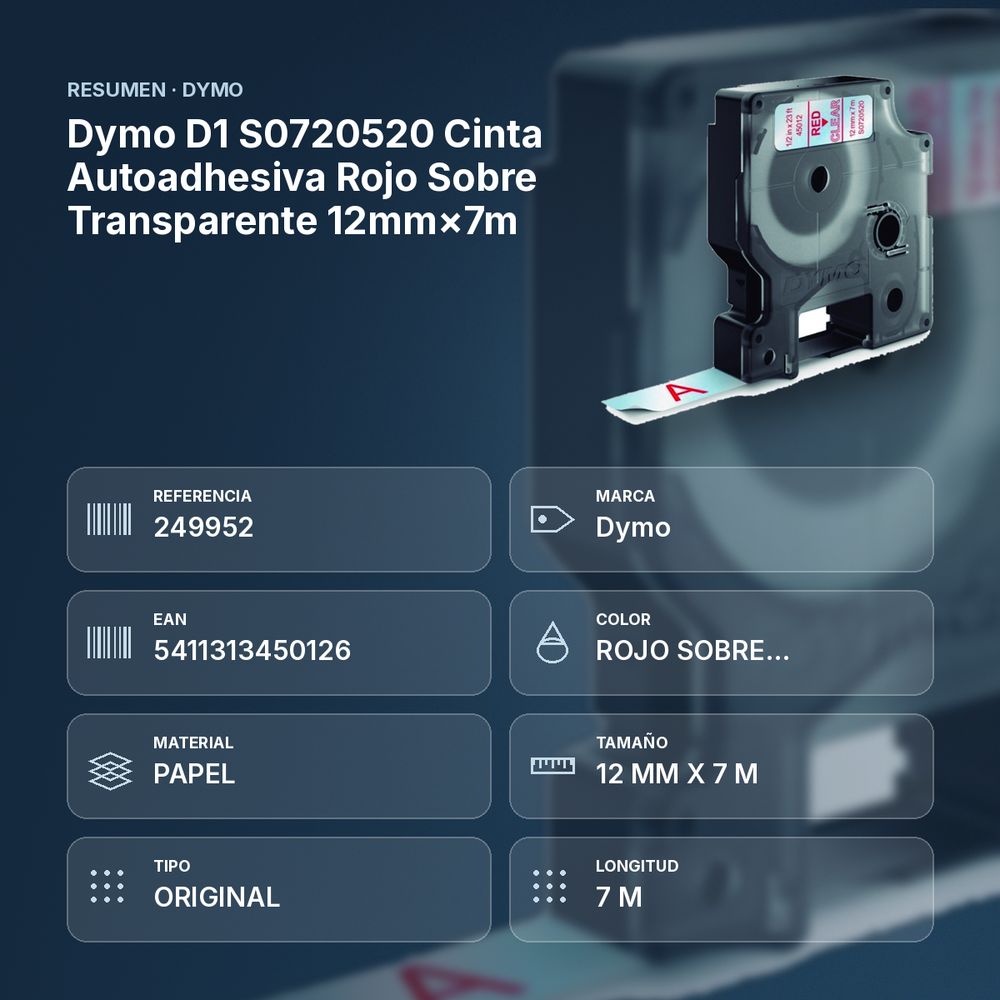 DYMO D1 S0720520 CINTA AUTOADHESIVA ROJO SOBRE TRANSPARENTE 12MM×7M - resumen de atributos