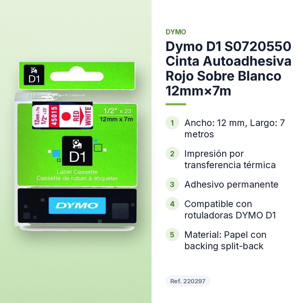 DYMO D1 S0720550 CINTA AUTOADHESIVA ROJO SOBRE BLANCO 12MM×7M  - características principales