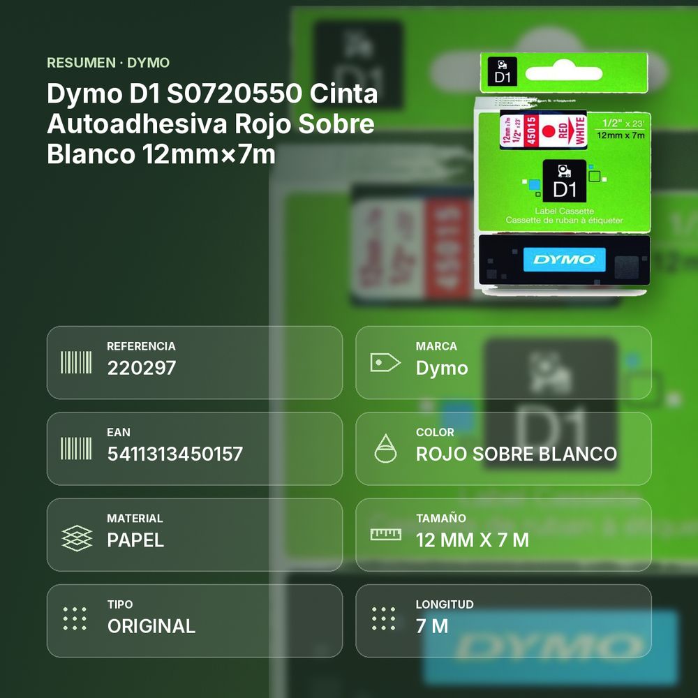 DYMO D1 S0720550 CINTA AUTOADHESIVA ROJO SOBRE BLANCO 12MM×7M  - resumen de atributos