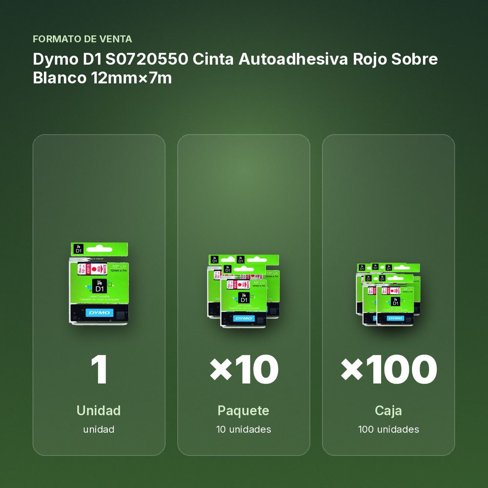 DYMO D1 S0720550 CINTA AUTOADHESIVA ROJO SOBRE BLANCO 12MM×7M  - formato de venta: paquete de 10, caja de 100