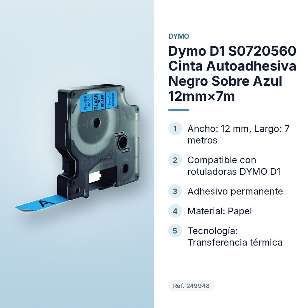 DYMO D1 S0720560 CINTA AUTOADHESIVA NEGRO SOBRE AZUL 12MM×7M - características principales