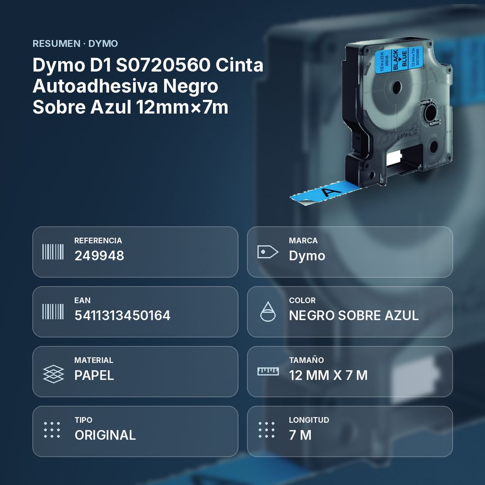 DYMO D1 S0720560 CINTA AUTOADHESIVA NEGRO SOBRE AZUL 12MM×7M - resumen de atributos