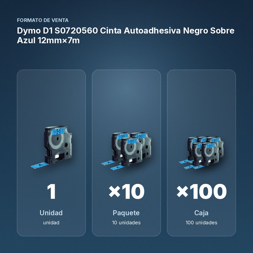 DYMO D1 S0720560 CINTA AUTOADHESIVA NEGRO SOBRE AZUL 12MM×7M - formato de venta: paquete de 10, caja de 100