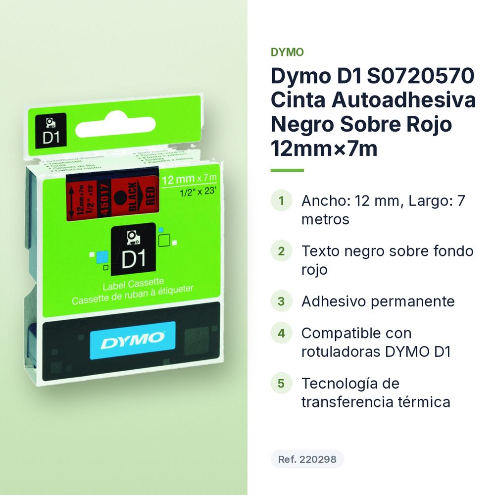 DYMO D1 S0720570 CINTA AUTOADHESIVA NEGRO SOBRE ROJO 12MM×7M  - características principales
