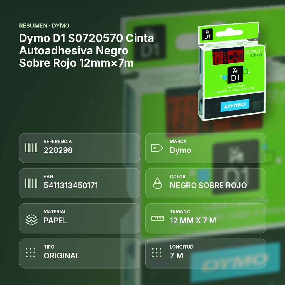DYMO D1 S0720570 CINTA AUTOADHESIVA NEGRO SOBRE ROJO 12MM×7M  - resumen de atributos
