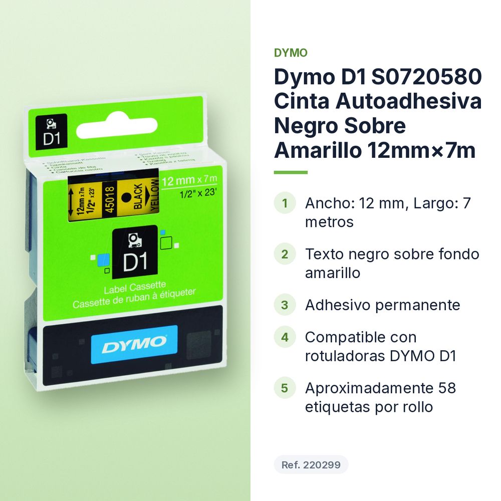 DYMO D1 S0720580 CINTA AUTOADHESIVA NEGRO SOBRE AMARILLO 12MM×7M  - características principales