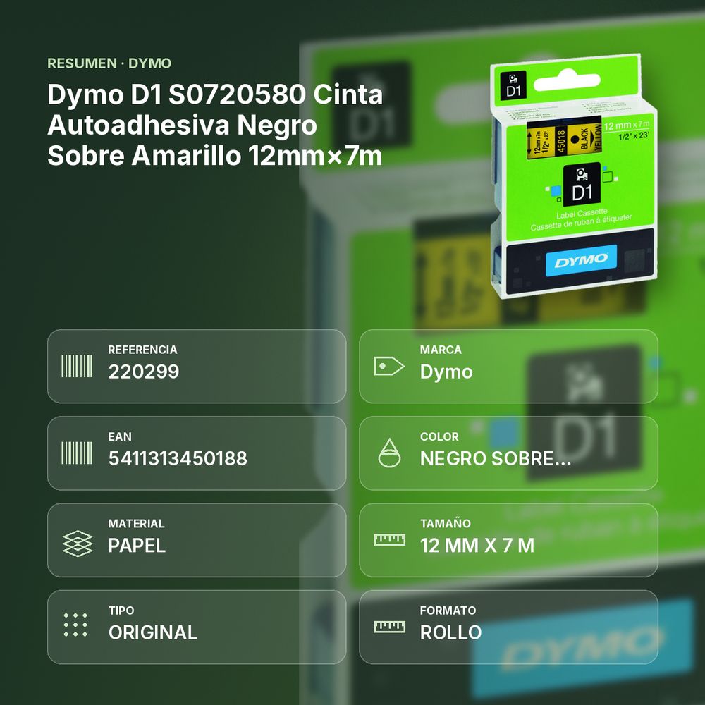 DYMO D1 S0720580 CINTA AUTOADHESIVA NEGRO SOBRE AMARILLO 12MM×7M  - resumen de atributos