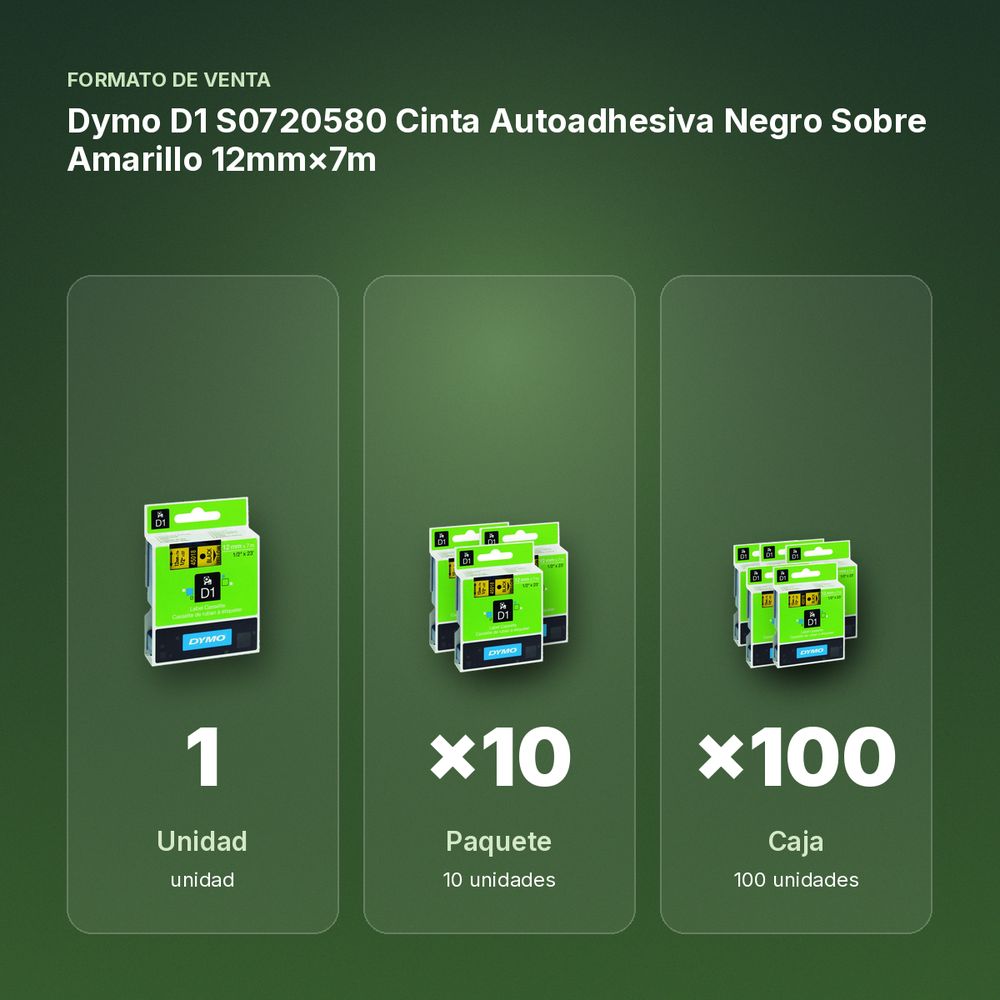 DYMO D1 S0720580 CINTA AUTOADHESIVA NEGRO SOBRE AMARILLO 12MM×7M  - formato de venta: paquete de 10, caja de 100