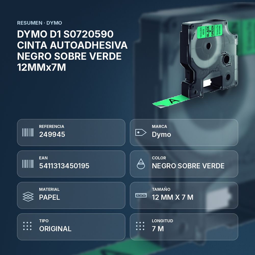 DYMO D1 S0720590 CINTA AUTOADHESIVA NEGRO SOBRE VERDE 12MMx7M  - resumen de atributos