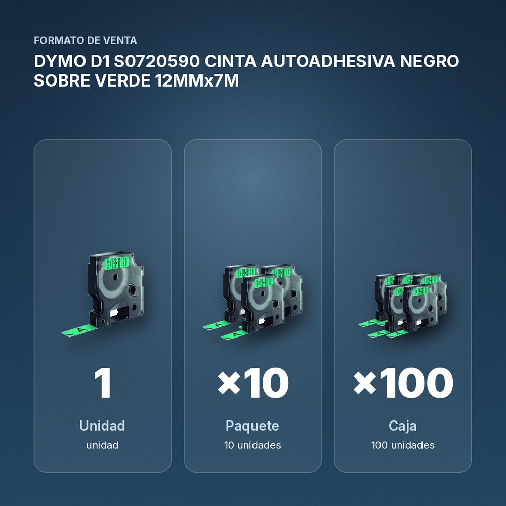 DYMO D1 S0720590 CINTA AUTOADHESIVA NEGRO SOBRE VERDE 12MMx7M  - formato de venta: paquete de 10, caja de 100