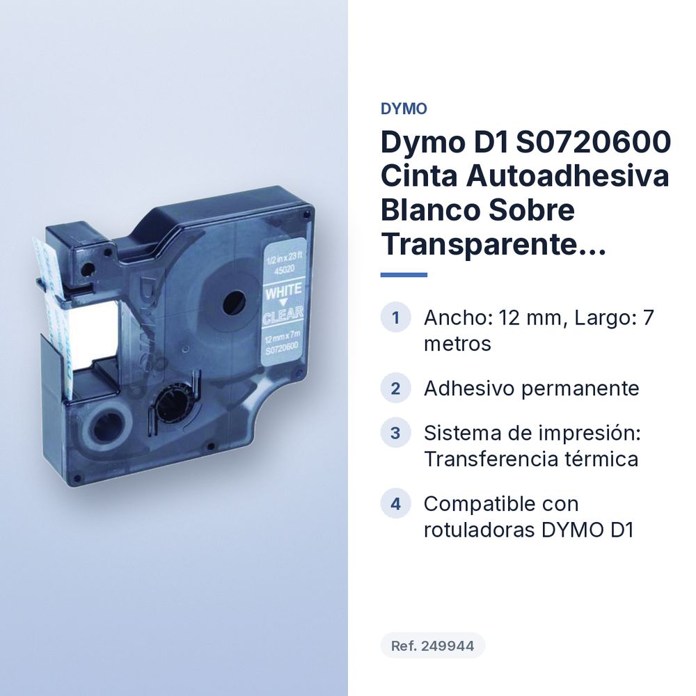 DYMO D1 S0720600 CINTA AUTOADHESIVA BLANCO SOBRE TRANSPARENTE 12MM×7M - características principales