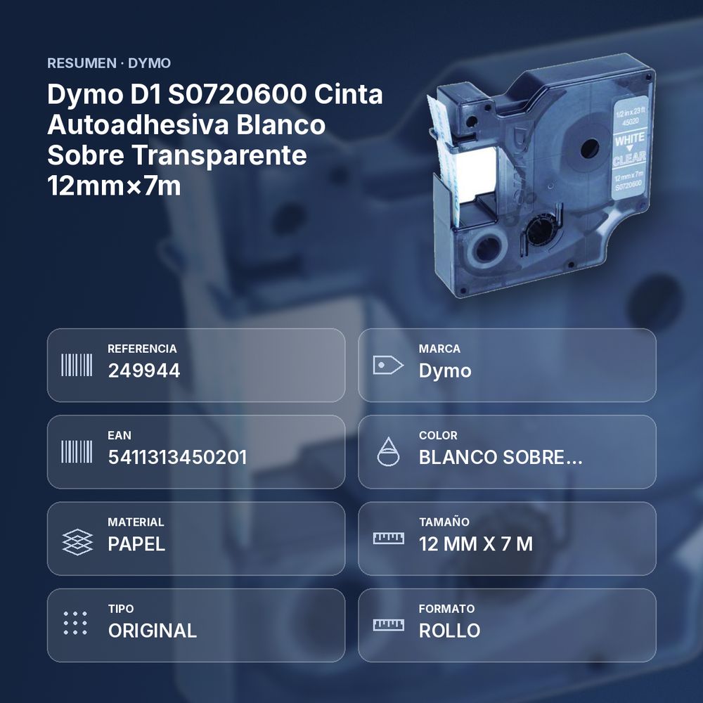 DYMO D1 S0720600 CINTA AUTOADHESIVA BLANCO SOBRE TRANSPARENTE 12MM×7M - resumen de atributos