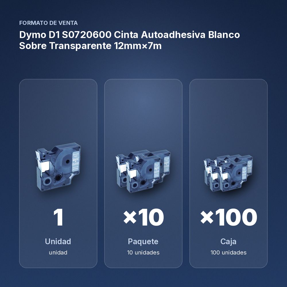 DYMO D1 S0720600 CINTA AUTOADHESIVA BLANCO SOBRE TRANSPARENTE 12MM×7M - formato de venta: paquete de 10, caja de 100