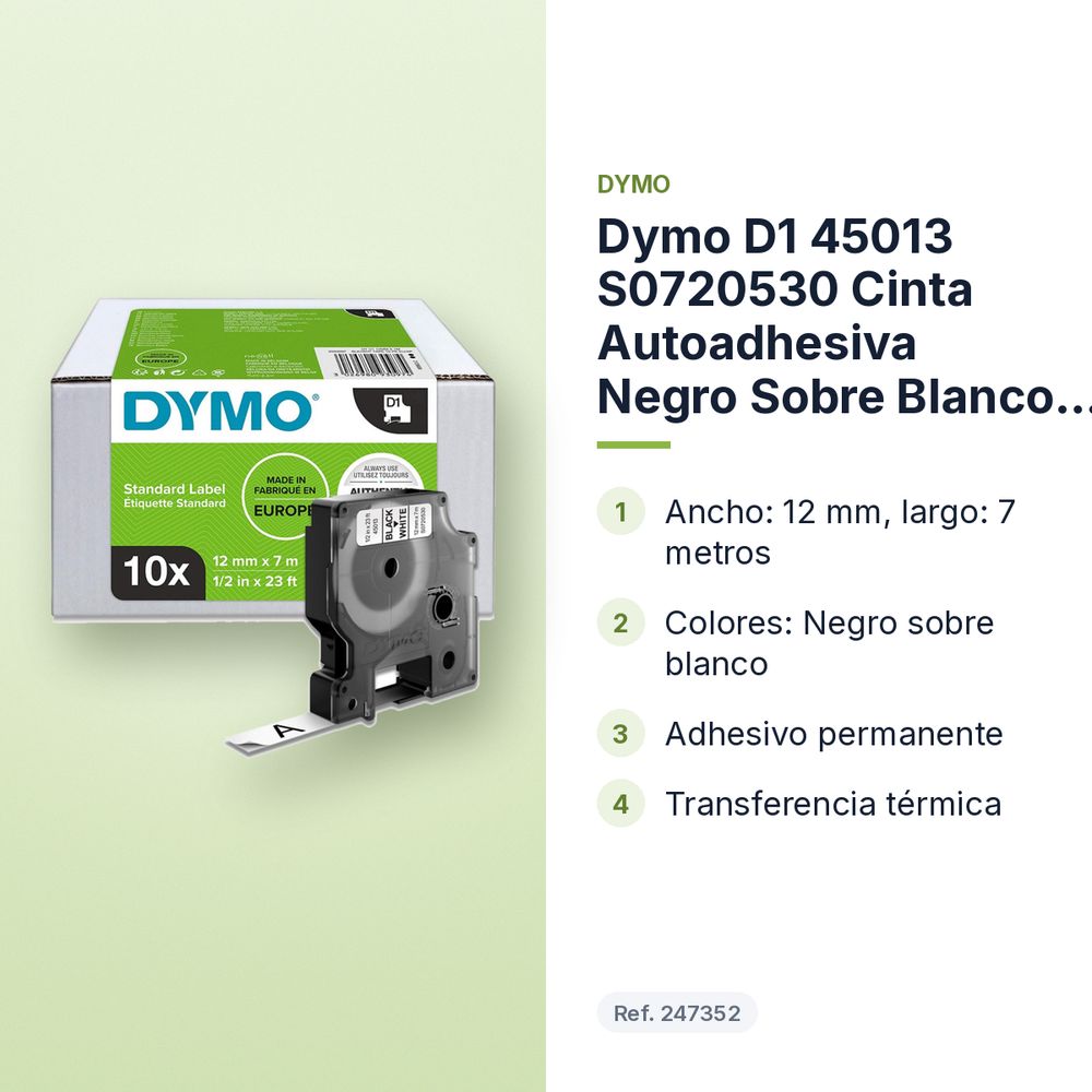 DYMO D1 45013 S0720530 CINTA AUTOADHESIVA NEGRO SOBRE BLANCO  12MM×7M - características principales
