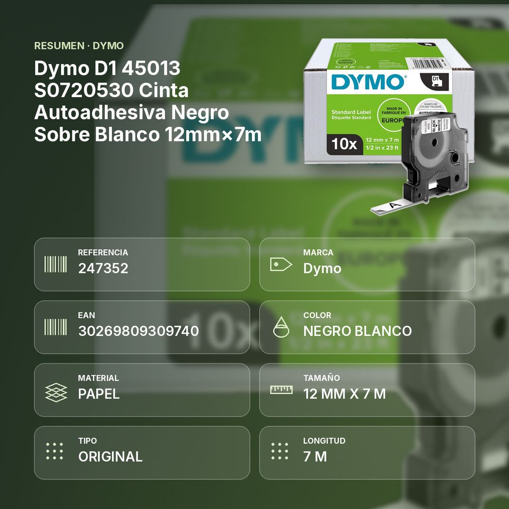 DYMO D1 45013 S0720530 CINTA AUTOADHESIVA NEGRO SOBRE BLANCO  12MM×7M - resumen de atributos