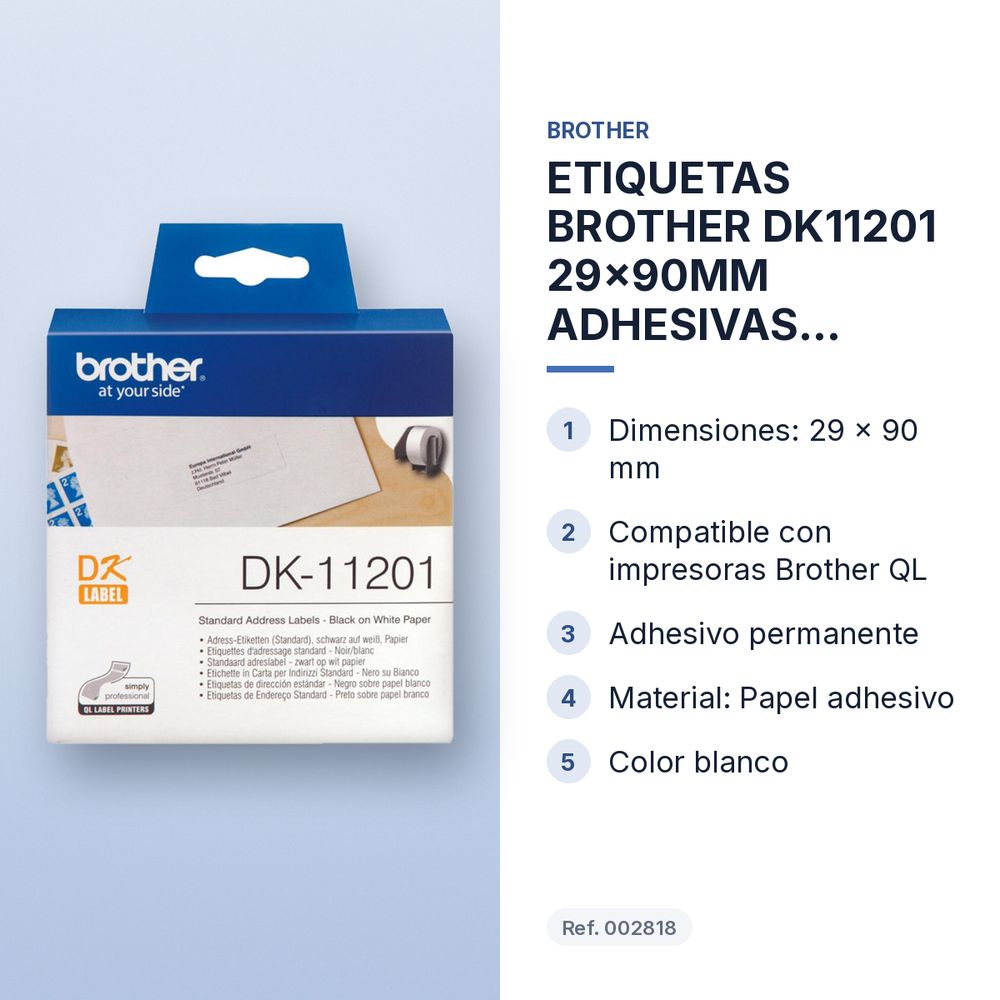 ETIQUETAS BROTHER DK11201 29x90MM ADHESIVAS BLANCAS - características principales