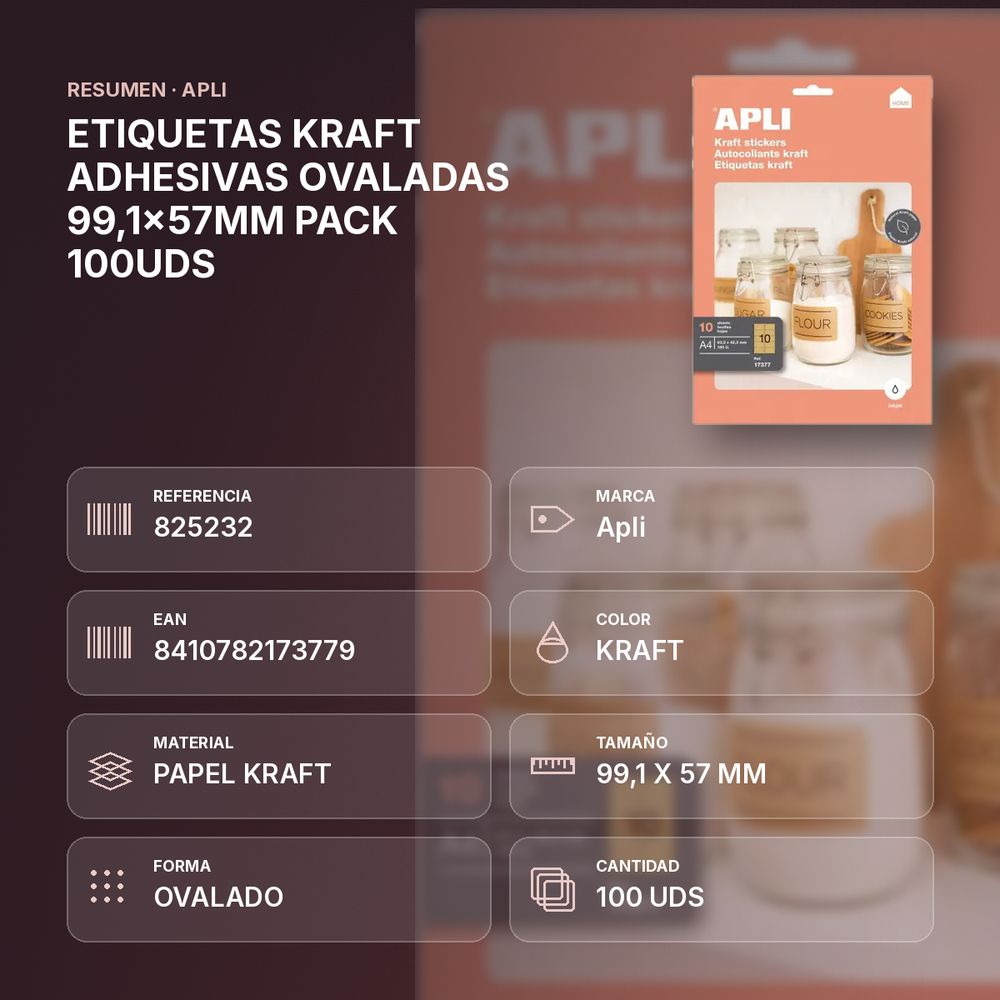 ETIQUETAS KRAFT ADHESIVAS OVALADAS 99,1x57MM PACK 100UDS - resumen de atributos