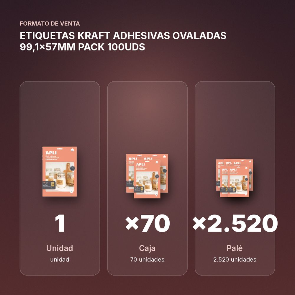 ETIQUETAS KRAFT ADHESIVAS OVALADAS 99,1x57MM PACK 100UDS - formato de venta: caja de 70, palé de 2520