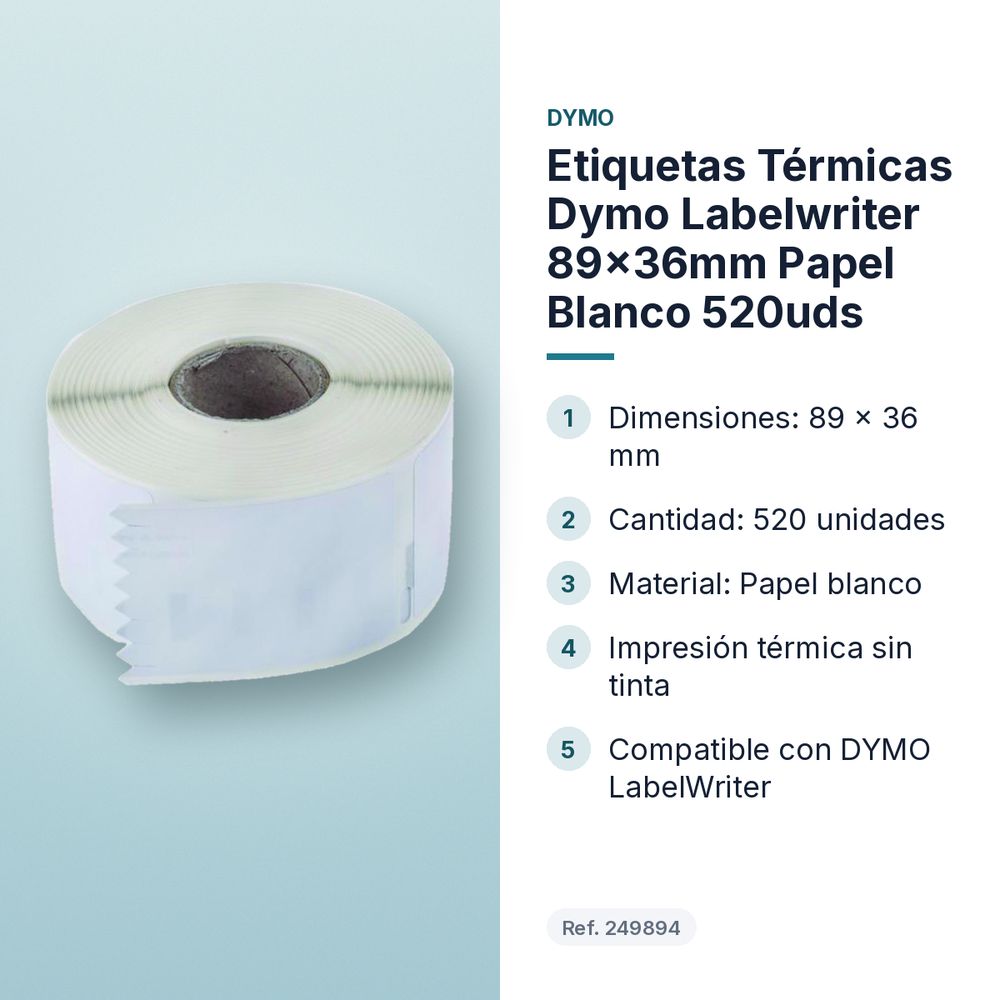 ETIQUETAS TÉRMICAS DYMO LABELWRITER 89×36MM PAPEL BLANCO 520UDS - características principales