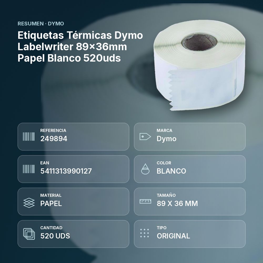 ETIQUETAS TÉRMICAS DYMO LABELWRITER 89×36MM PAPEL BLANCO 520UDS - resumen de atributos