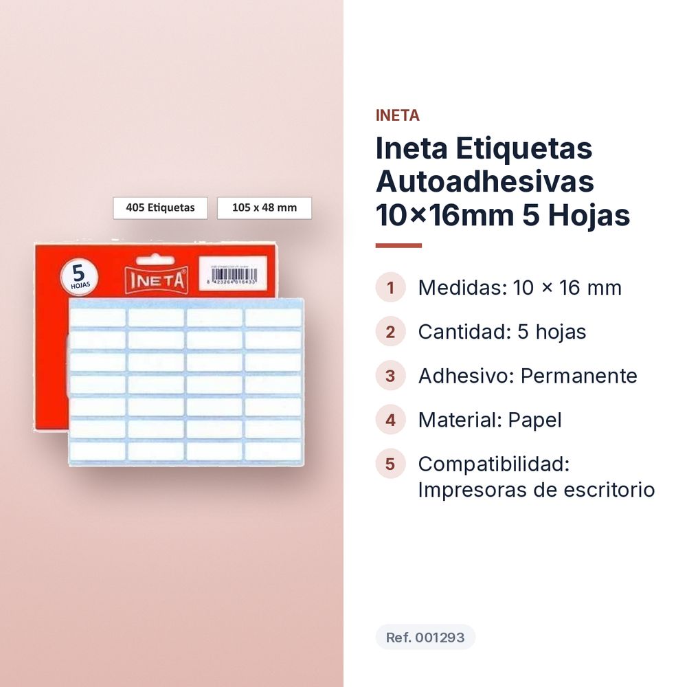 INETA ETIQUETAS AUTOADHESIVAS 10X16MM  5 HOJAS - características principales