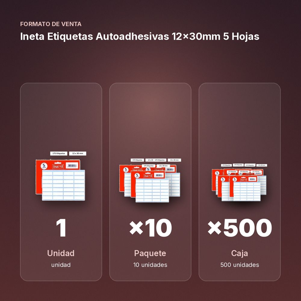 INETA ETIQUETAS AUTOADHESIVAS 12X30MM 5 HOJAS - formato de venta: paquete de 10, caja de 500