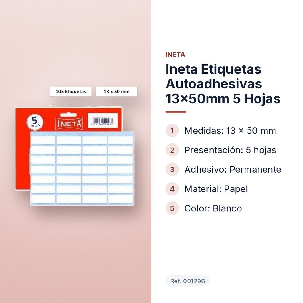 INETA ETIQUETAS AUTOADHESIVAS 13X50MM 5 HOJAS - características principales